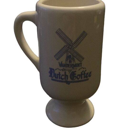 Vintage Vandermint Pedestal Stoneware Dutch Coffee Mug Holland Windmill Ivory Bl - Picture 1 of 13